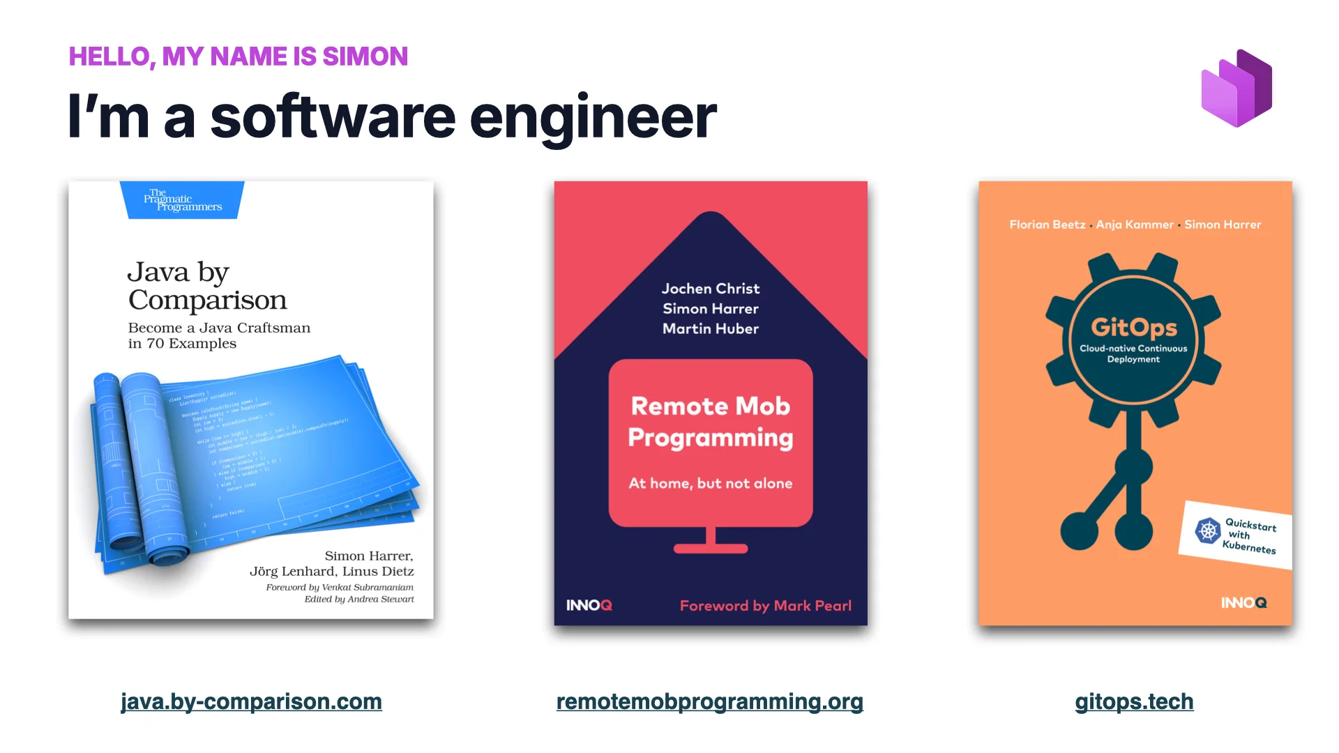 Slide 2&nbsp;: bonjour, je m'appelle Simon, je suis software engineer (Java by Comparison, Remote Mob Programming, GitOps)