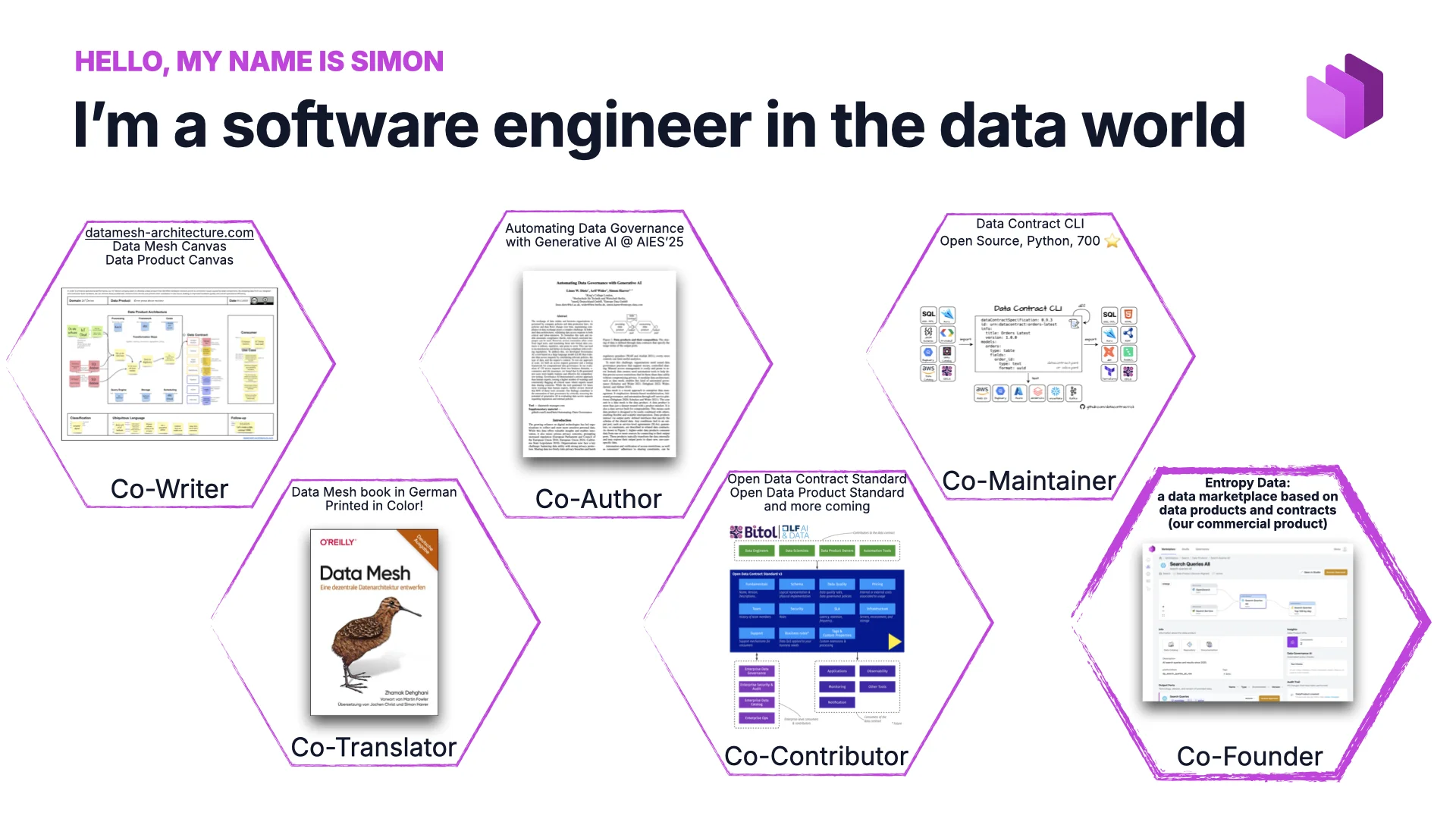 Slide 3&nbsp;: un software engineer dans le monde de la donnée, co-rédacteur, co-traducteur, co-auteur, co-contributeur, co-mainteneur, co-founder