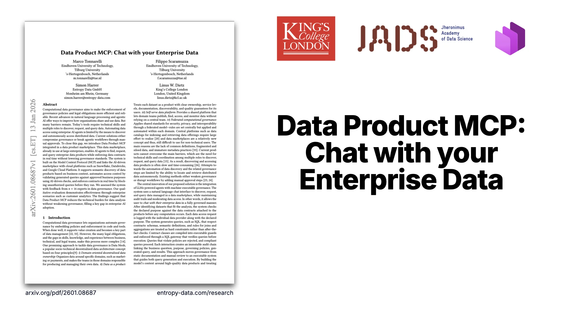 Slide 4&nbsp;: Data Product MCP, livre blanc Chat with your Enterprise Data (arXiv 2601.08687), en collaboration avec King's College London et JADS