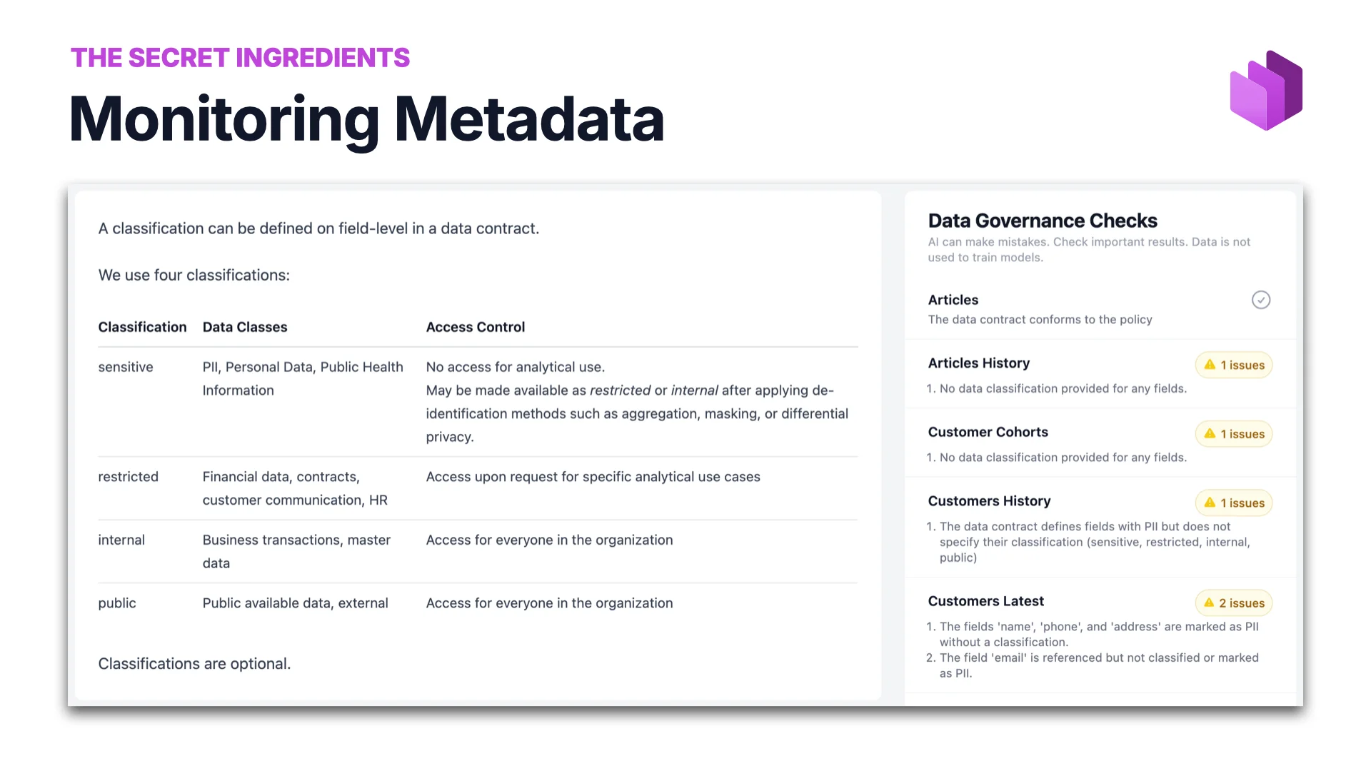 Ingrédient secret&nbsp;: le monitoring des métadonnées, table des classifications (sensitive, restricted, internal, public) avec des contrôles de Data Governance