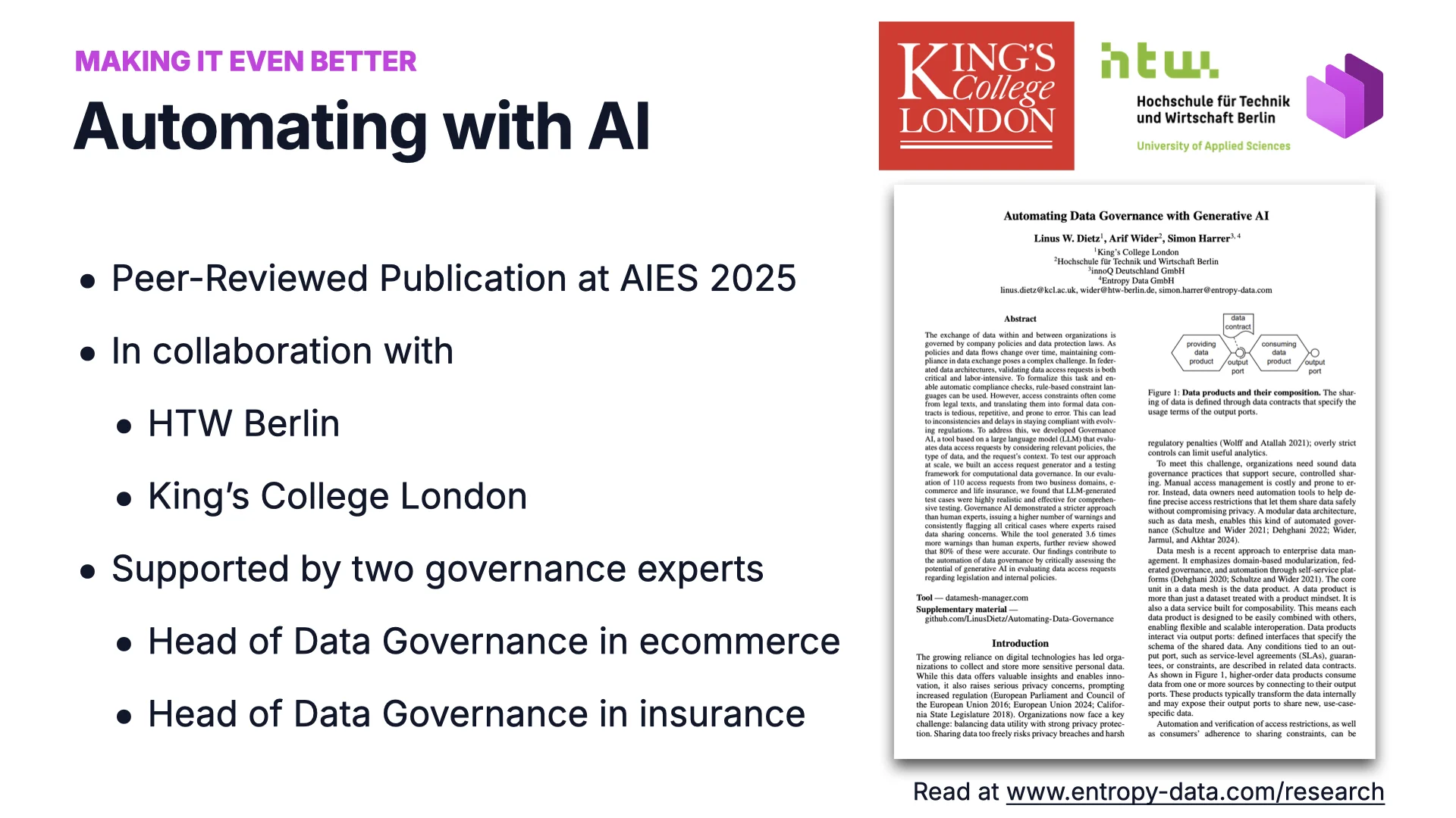 Automatiser avec l'IA&nbsp;: publication évaluée par les pairs à AIES 2025, avec la HTW Berlin et King's College London, plus deux experts en gouvernance venus du e-commerce et de l'assurance