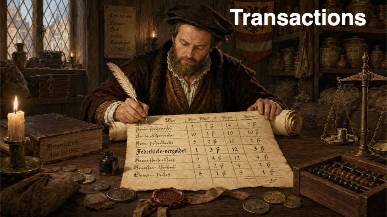 Un marchand médiéval consignant ses transactions