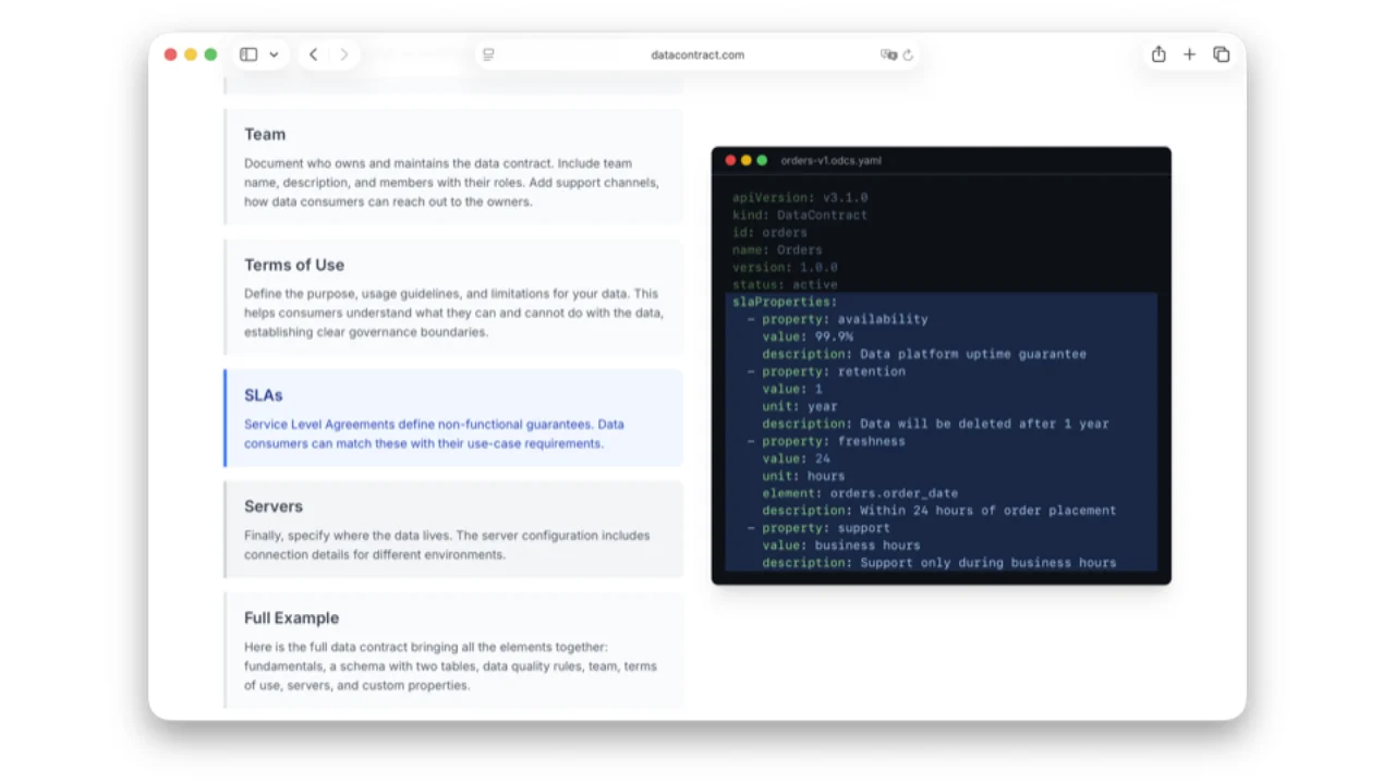 Exemple de SLA ODCS : disponibilité, rétention, fraîcheur à 24 h, support en heures ouvrées