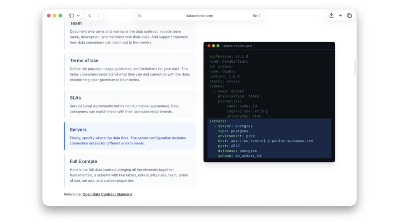 Exemple de section servers ODCS : postgres sur Supabase, environnement prod, schéma dp_orders_v1