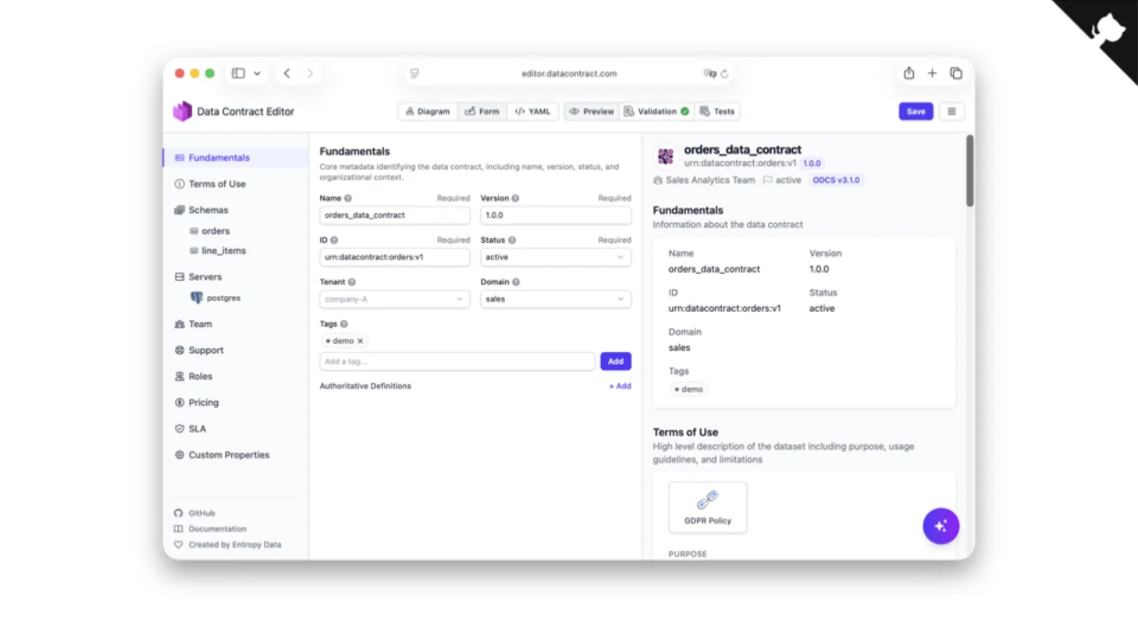 Data Contract Editor : vue diagramme, formulaire, YAML, aperçu, validation et tests