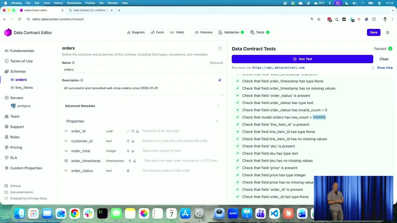 Démo live : tous les tests du Data Contract passent au vert sur le Postgres Supabase, y compris row_count > 100000