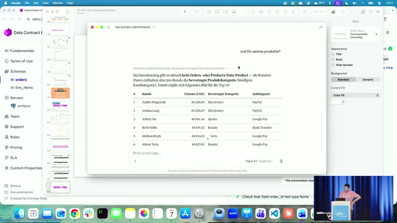 Démo live : l'agent renvoie le top 10 des clients avec chiffre d'affaires, catégorie de produits préférée et moyen de paiement, puis enchaîne sur une question de relance