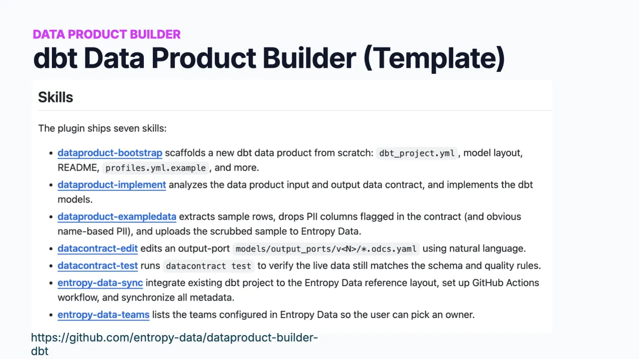 Le template dbt Data Product Builder&nbsp;: des skills comme bootstrap et implement, avec des modèles de projets dbt