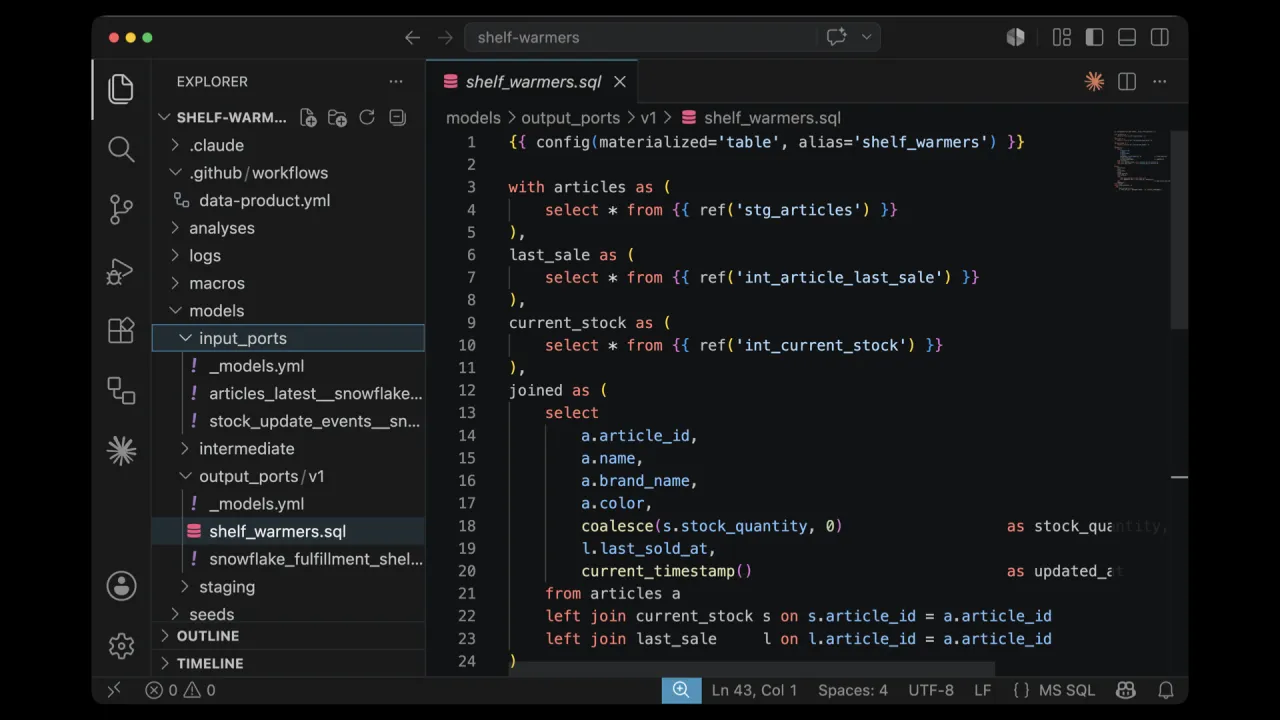 Le projet dbt généré&nbsp;: shelf_warmers.sql avec ses Input Ports, ses Output Ports et la transformation qui fait les jointures