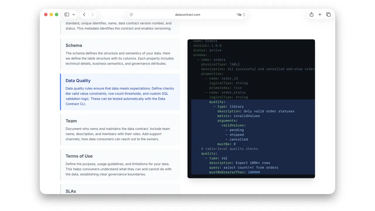 ODCS data quality section: a library check for valid order statuses and a SQL check that expects more than 100,000 rows