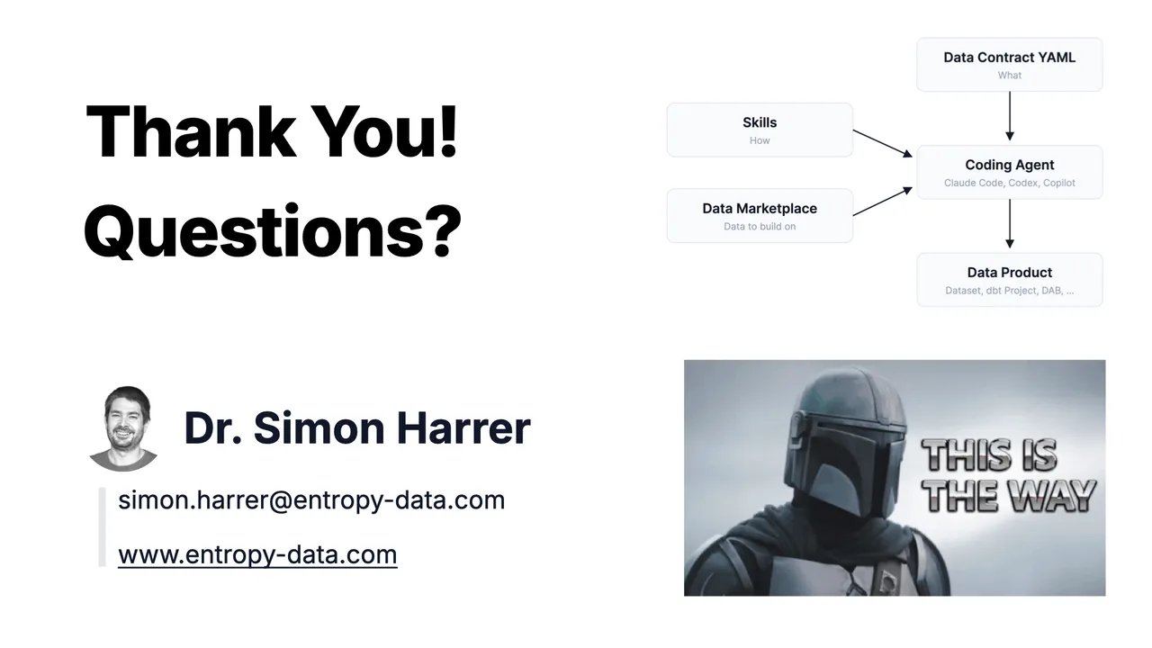 Thank you! Questions? Dr. Simon Harrer, simon.harrer@entropy-data.com, www.entropy-data.com, next to the approach diagram and a This is the way image
