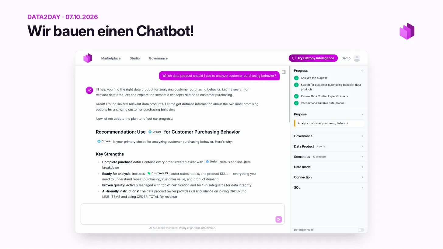 Nous construisons un chatbot&nbsp;: le chat Entropy Intelligence, dans la marketplace Entropy Data, indique quel produit de données utiliser pour le comportement d’achat des clients et recommande Orders. Un panneau latéral montre l’avancement, la finalité, la gouvernance, le produit de données, la sémantique, le modèle de données, la connexion et le SQL