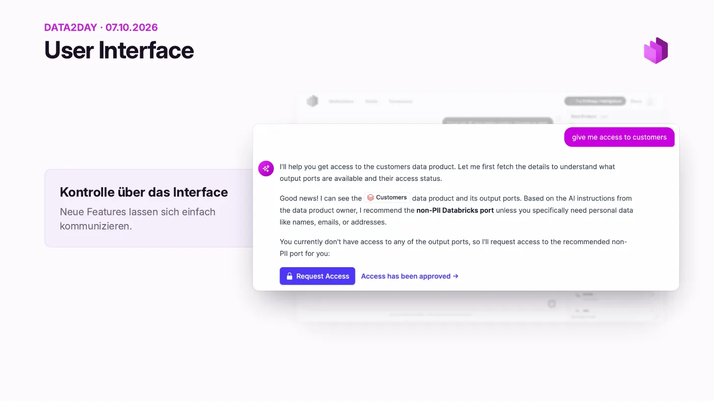 Le chatbot répond à «&nbsp;donne-moi accès à customers&nbsp;»&nbsp;: il recommande le port Databricks sans PII en se fondant sur les AI instructions du Data Product Owner, signale que l’utilisateur n’a pas encore accès et affiche un bouton Request Access avec la mention que l’accès a été accordé