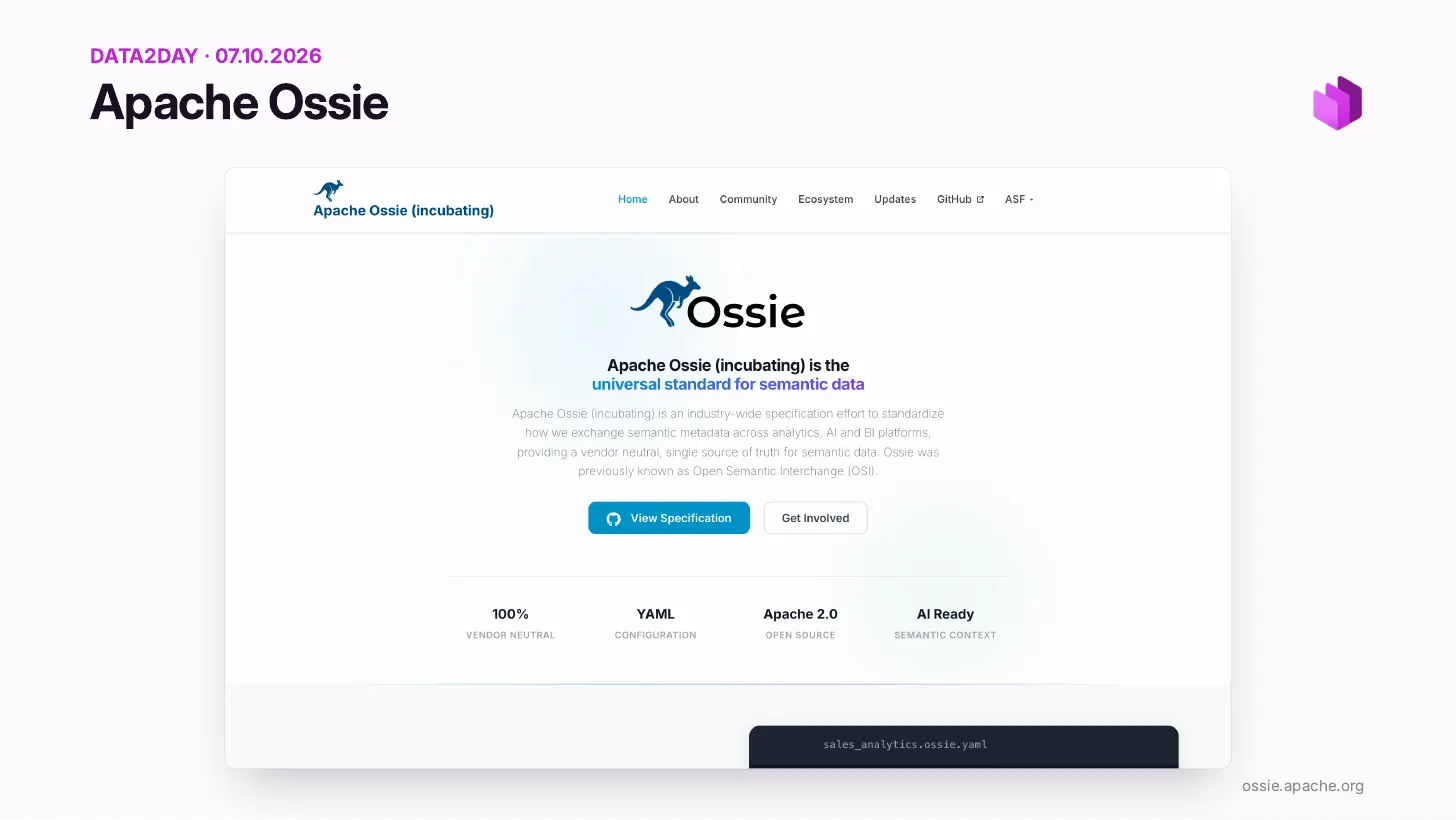 Apache Ossie (incubating), le standard universel pour les données sémantiques&nbsp;: un effort de spécification à l’échelle du secteur pour normaliser l’échange des métadonnées sémantiques entre plateformes d’analyse, d’IA et de BI, anciennement connu sous le nom d’Open Semantic Interchange. 100&nbsp;% neutre vis-à-vis des éditeurs, configuration YAML, Apache 2.0, AI ready