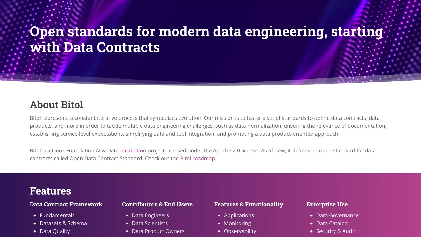 Le site de Bitol, qui héberge l'Open Data Contract Standard et l'Open Data Product Standard