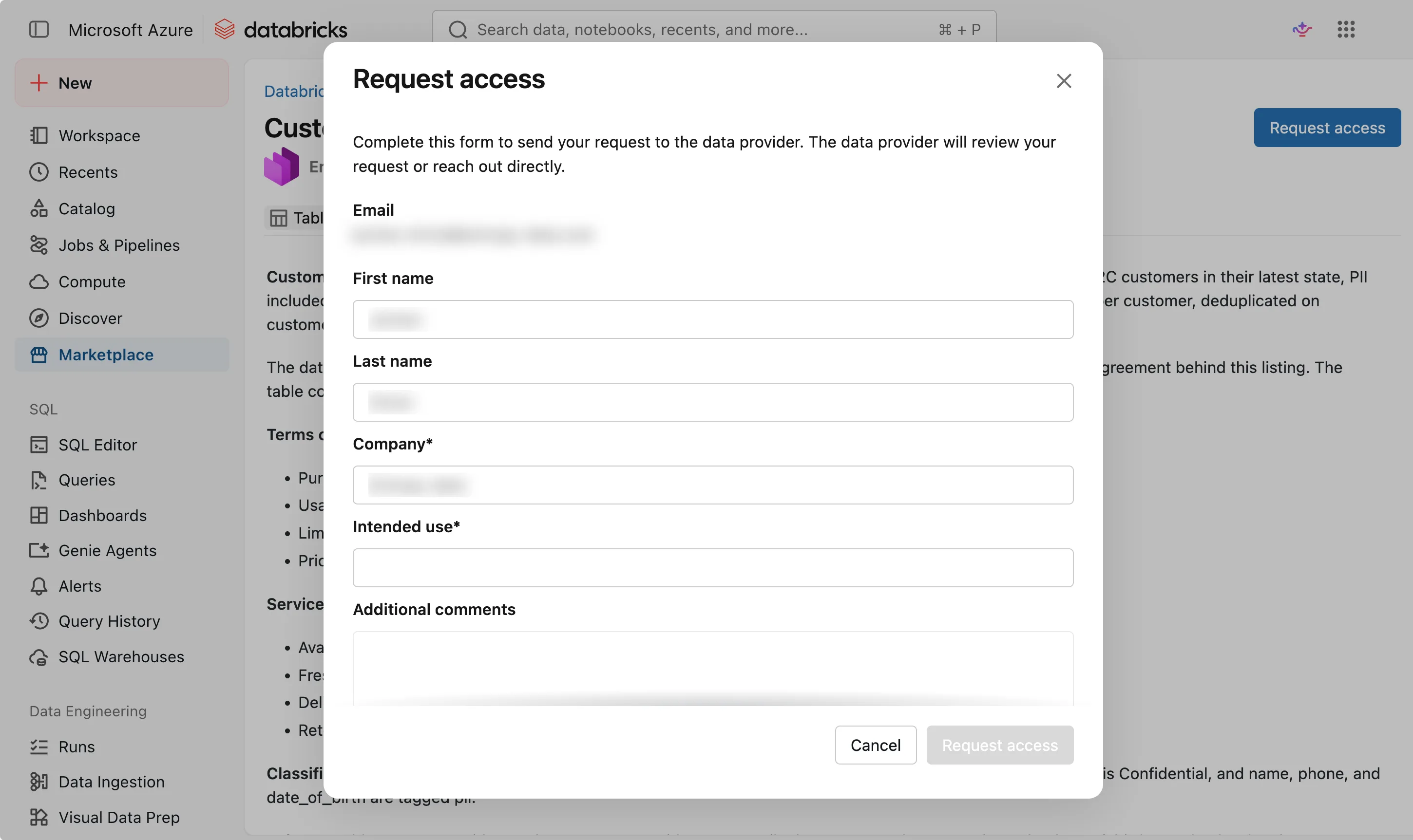 The Request access dialog of a private Customers listing in the Databricks Marketplace, with the fields Email, First name, Last name, Company, Intended use, and Additional comments, and the personal values blurred