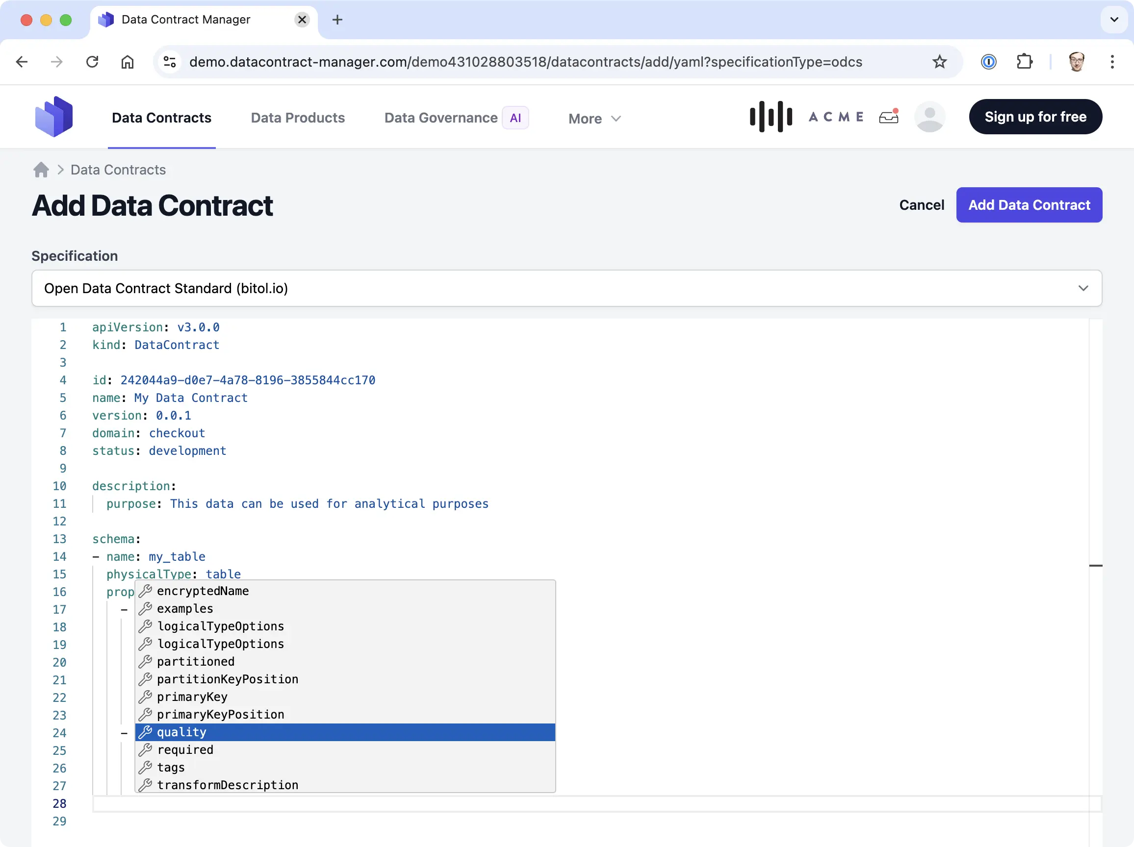 Capture d'écran de l'éditeur de Data Contracts ODCS dans Entropy Data