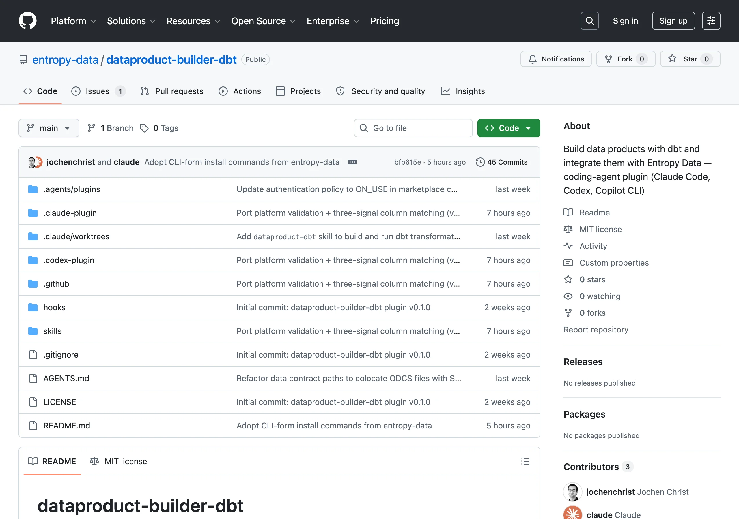 Le dépôt entropy-data/dataproduct-builder-dbt sur GitHub, avec ses skills, ses hooks, .claude-plugin, .codex-plugin et ses templates.