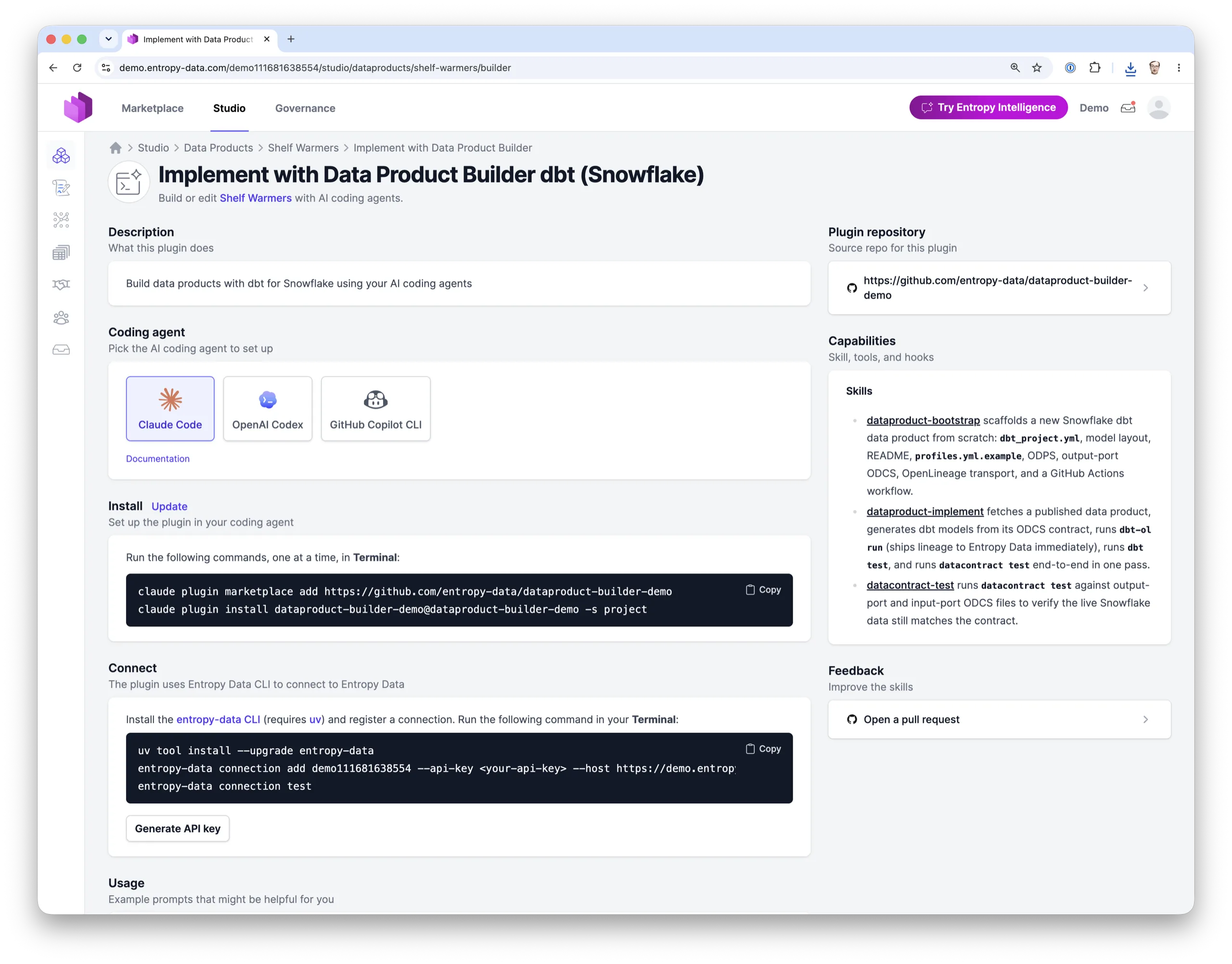 Der Data-Product-Builder-Tab auf einer Datenprodukt-Seite mit Agent-Auswahl und Install-Kommandos