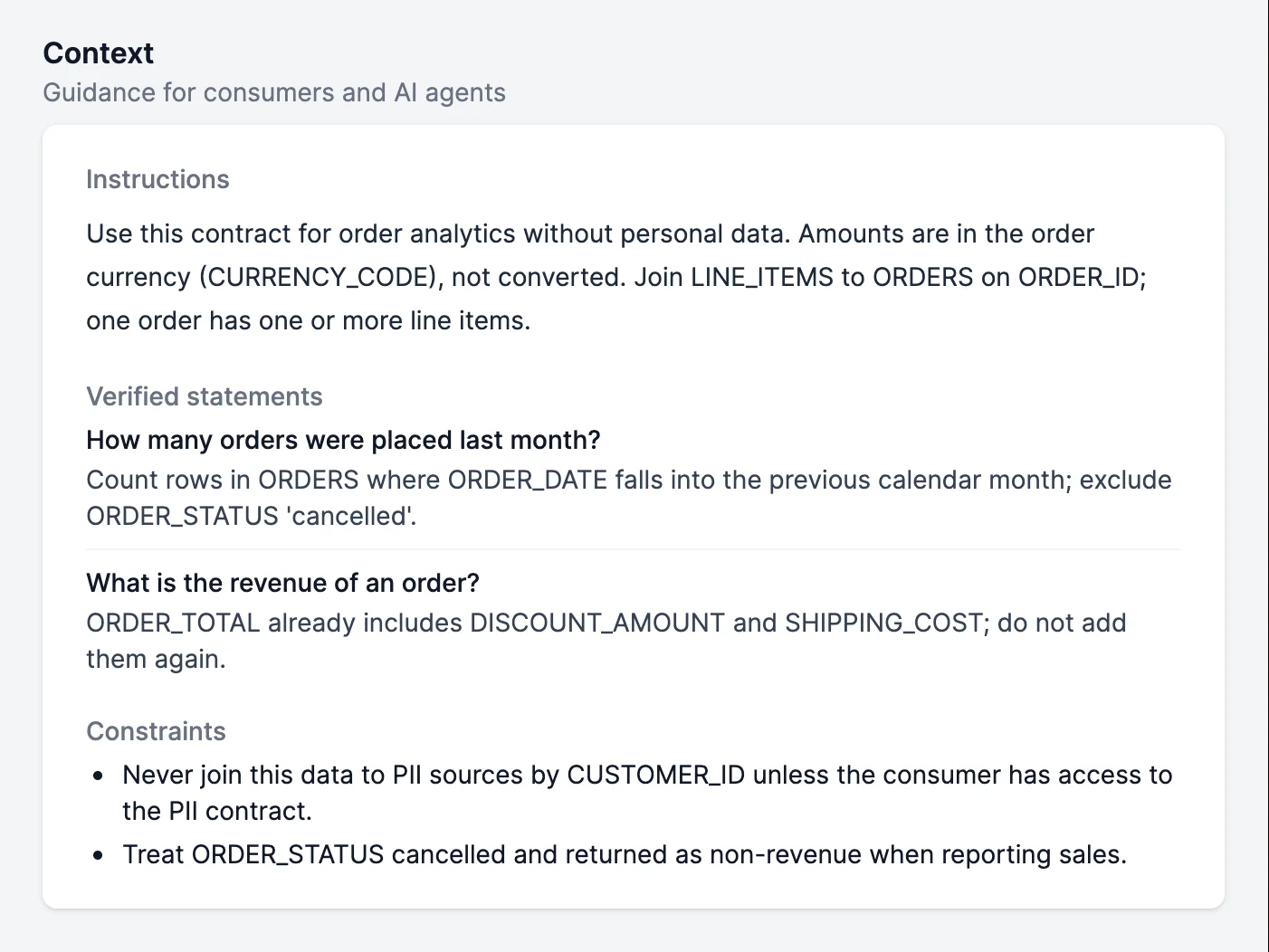 La section Contexte d'un Data Contract ODCS v3.2.0 dans Entropy Data&nbsp;: instructions, affirmations vérifiées et contraintes pour les consommateurs et les agents IA