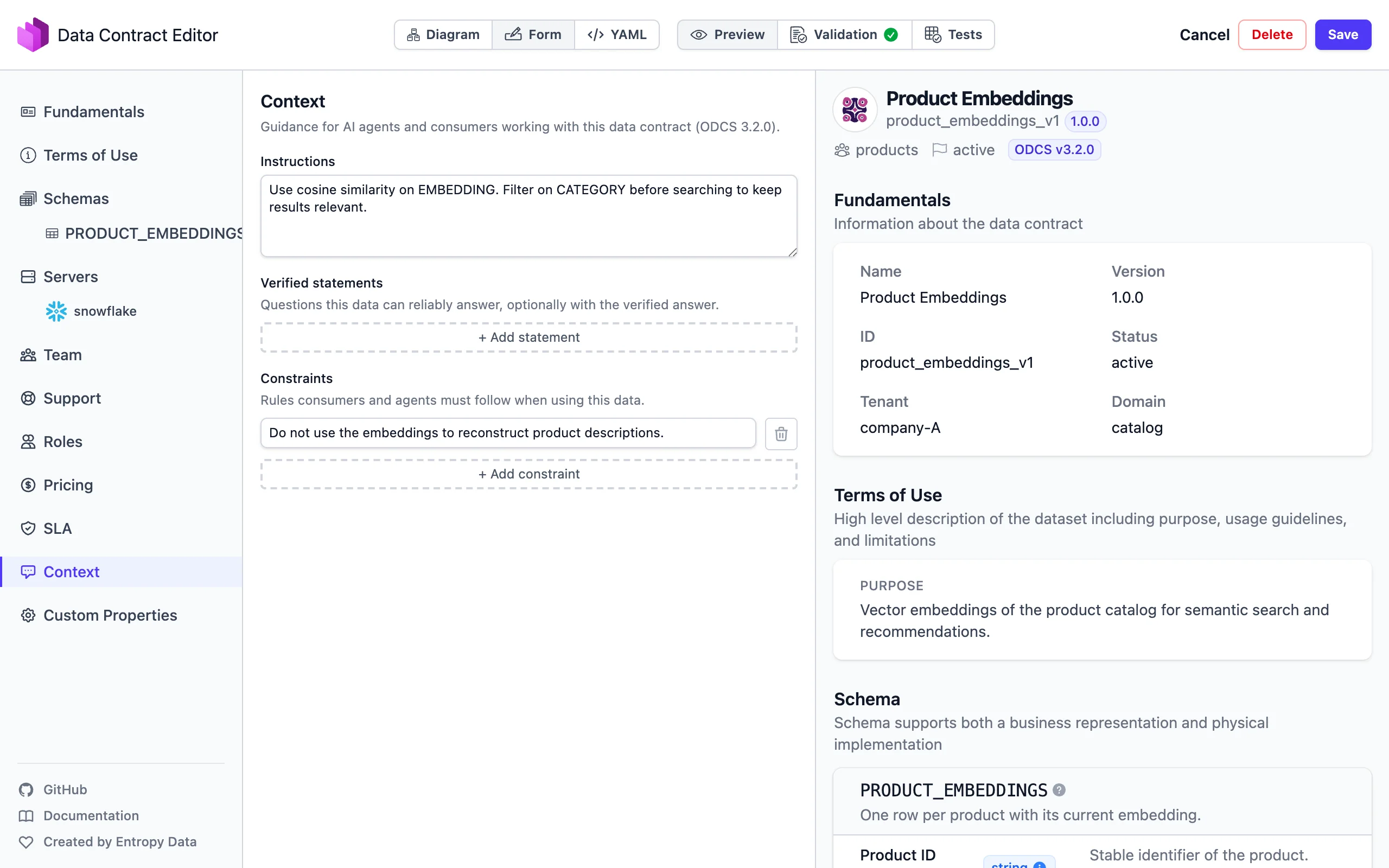 Le Data Contract Editor avec la section Contexte d'un Data Contract ODCS v3.2.0