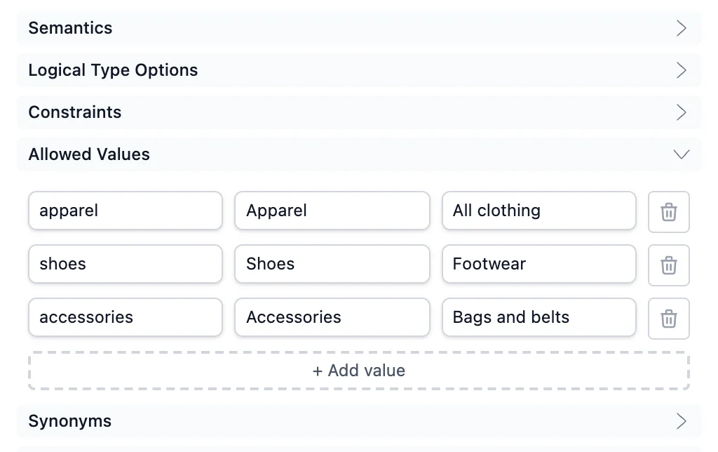 La section Allowed Values d'une propriété dans le Data Contract Editor, listant les valeurs d'enum apparel, shoes et accessories avec leurs libellés et descriptions