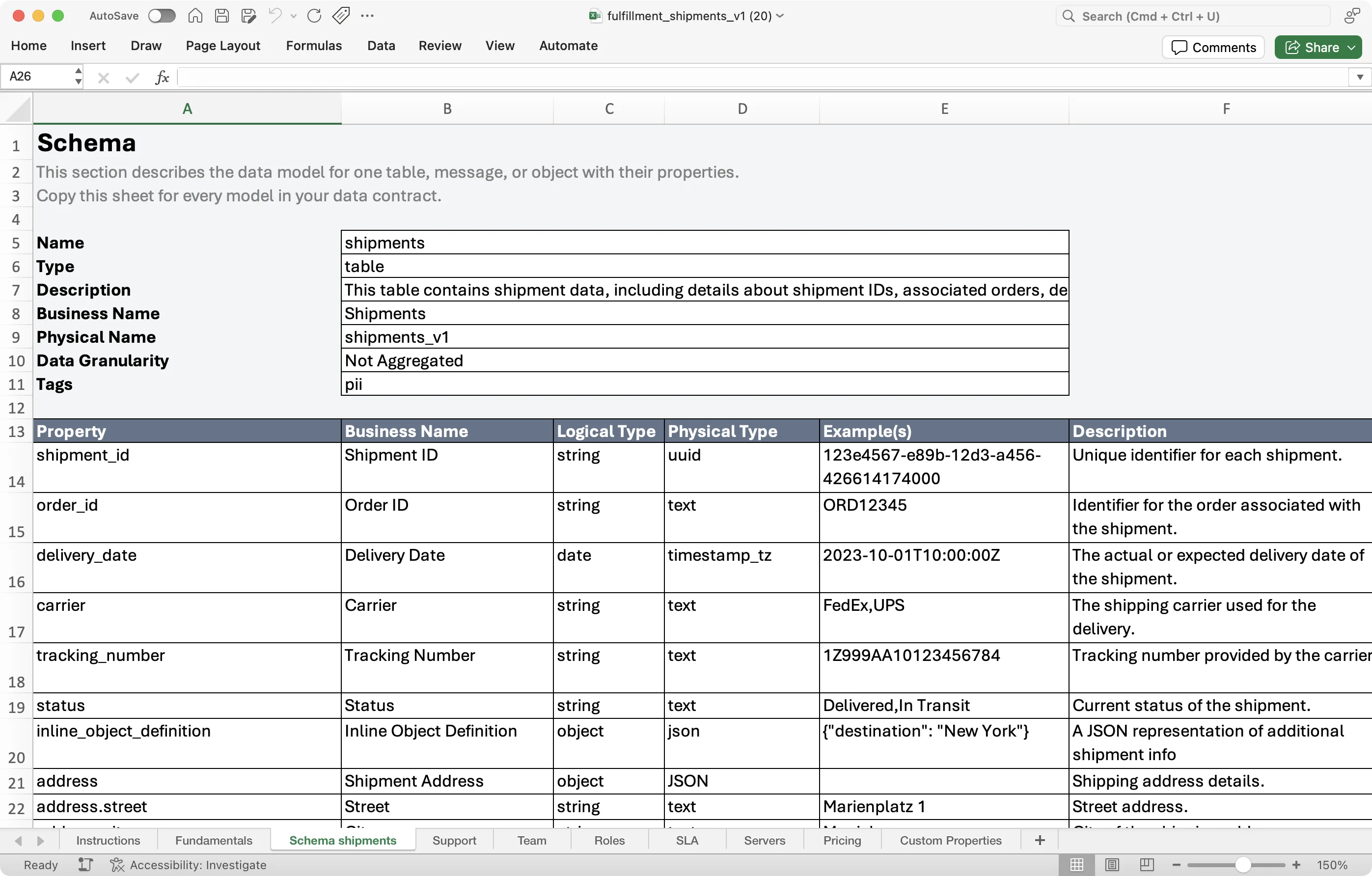 The ODCS Excel Template with the schema sheet of a shipments data contract, listing properties with business names, types, examples, and descriptions