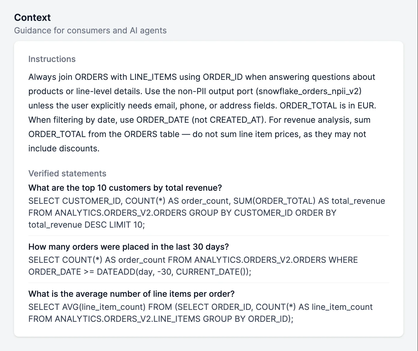La section Contexte d'un produit de données dans Entropy Data avec des instructions et des affirmations vérifiées sous forme de requêtes SQL