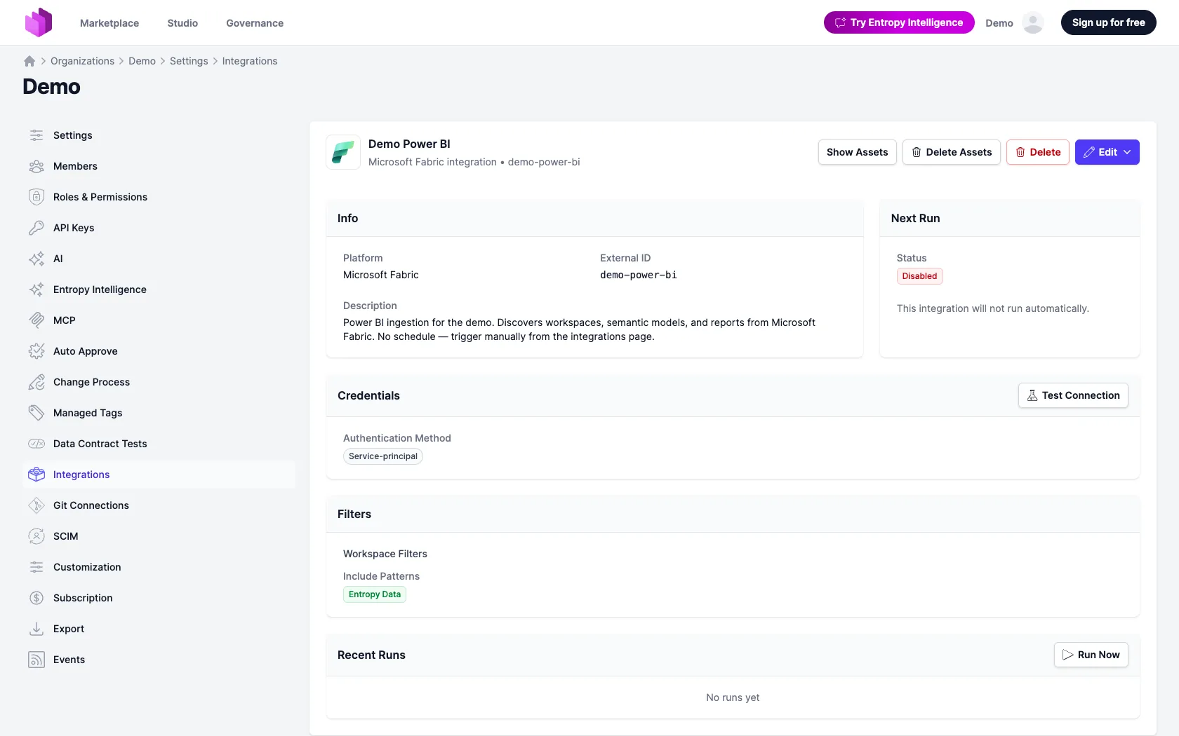 Die Microsoft-Fabric-Integration in Entropy Data, konfiguriert zur Synchronisierung von Power-BI-Workspaces