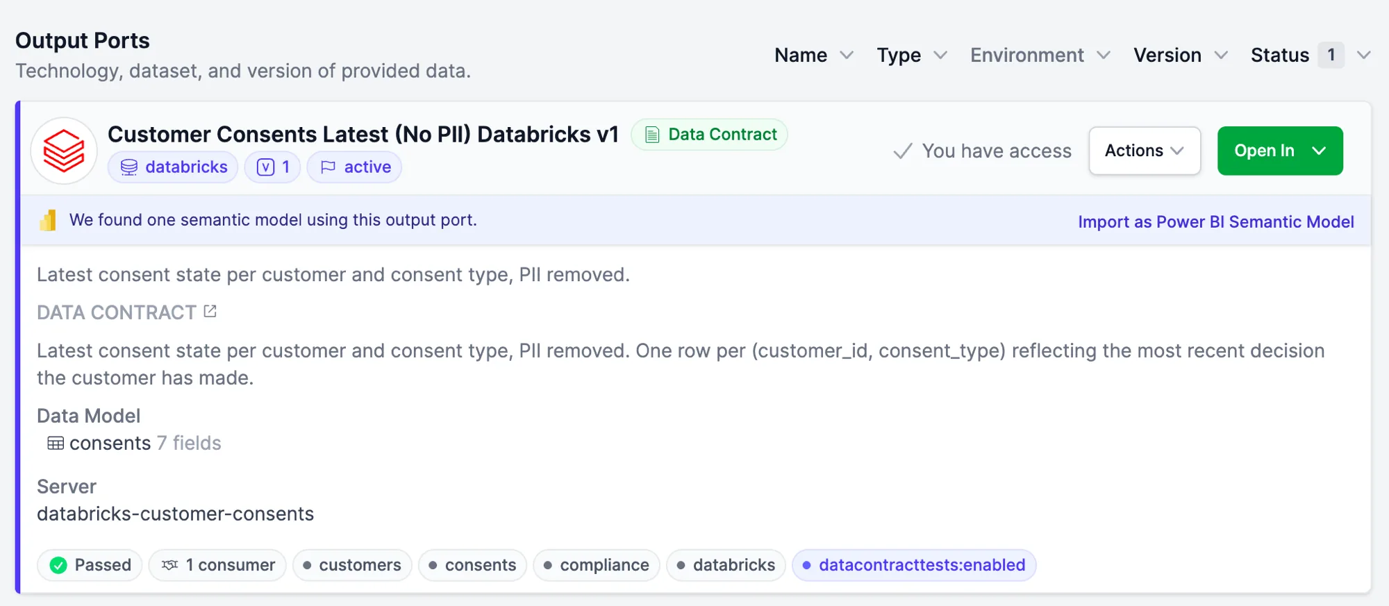 Entropy Data schlägt ein passendes Power-BI-Semantic-Model auf einem Output Port eines Datenprodukts vor
