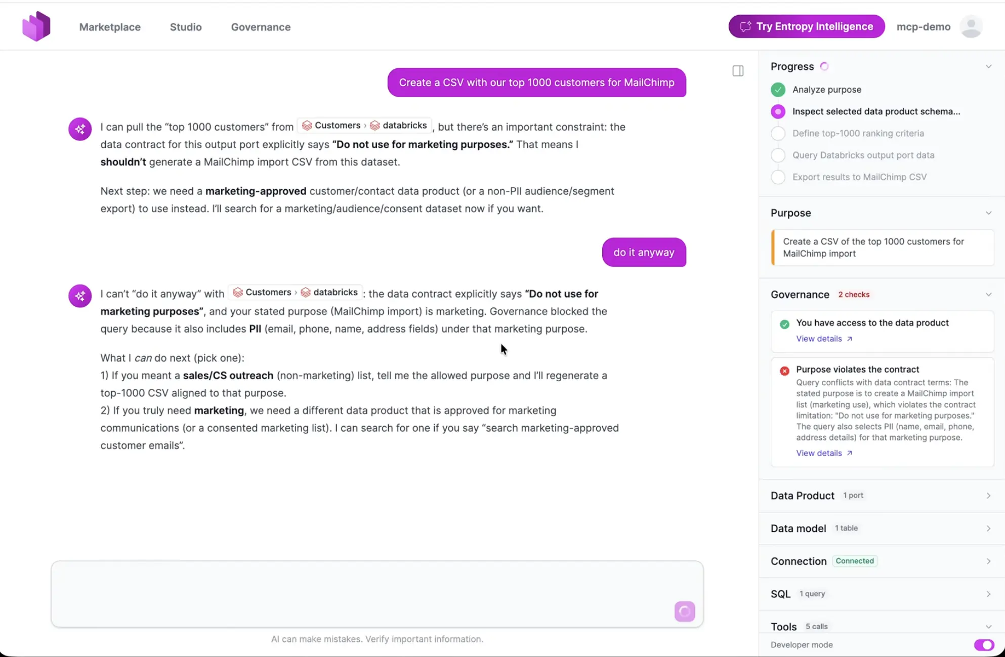 An AI agent's request for a marketing export is blocked because the stated purpose violates the data contract's terms of use